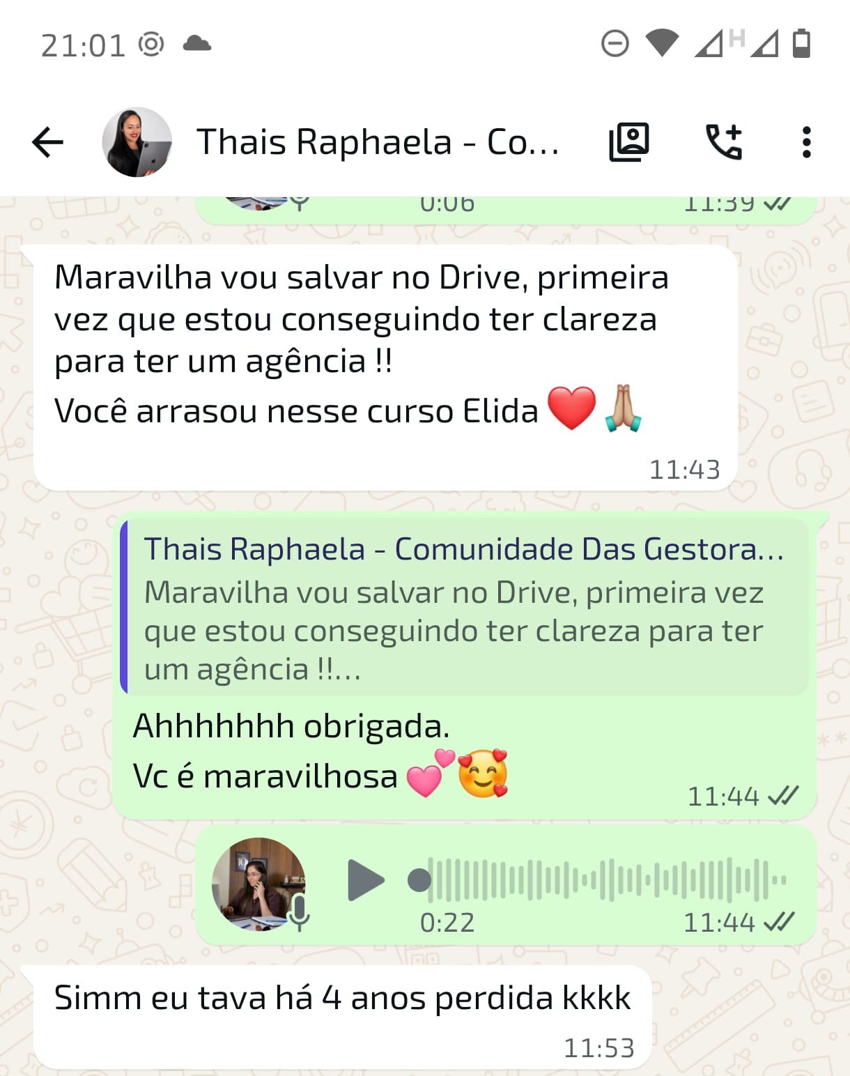 Depoimento original de Thais Raphaela sobre a clareza que encontrou no curso